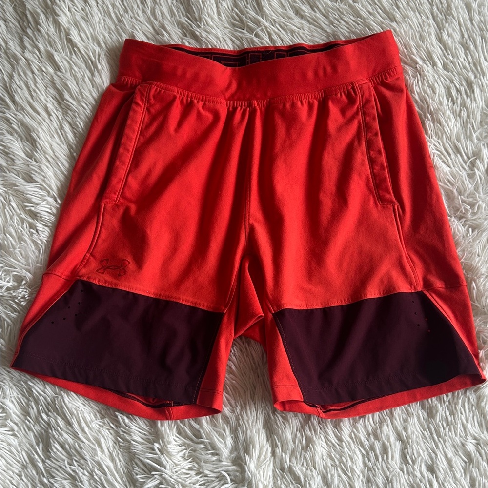 Under Armour Men's Red Athletic Shorts with Dark Maroon Panels